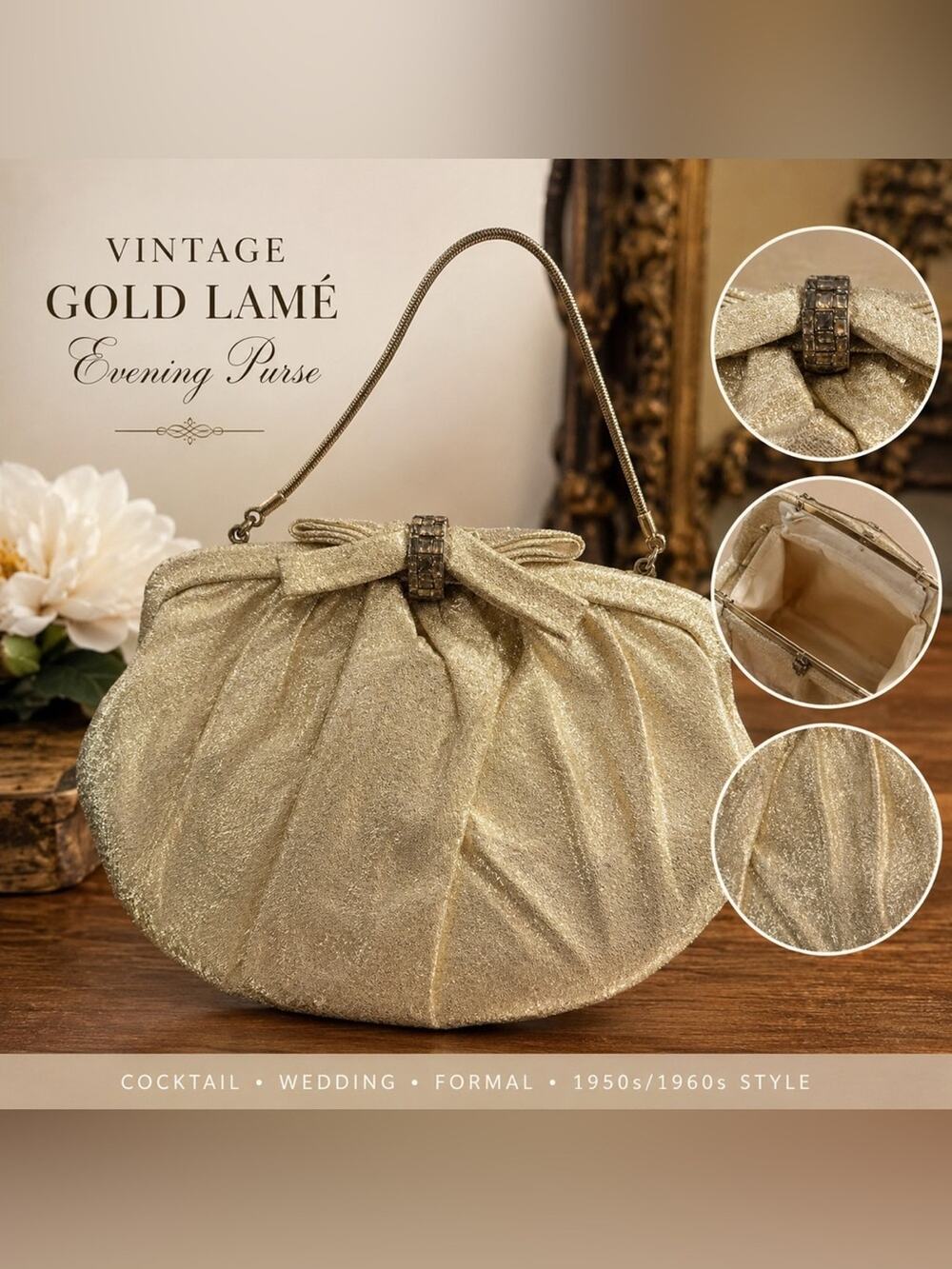 Vintage Gold Lamé Evening Bag Jeweled Clasp w/kiss lock Coin Purse USA Made